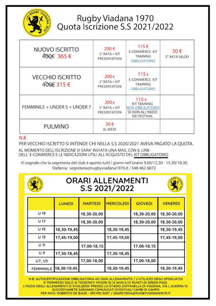 Iscrizioni mini-rugby e orari allenamenti