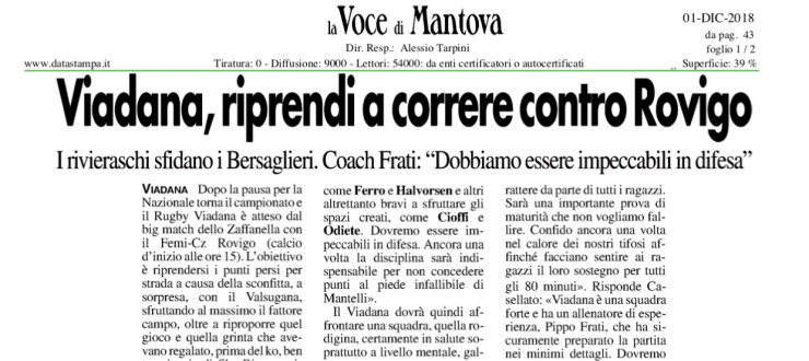 Viadana, riprendi a correre contro Rovigo