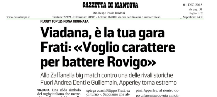 Viadana, è la tua gara. Frati: "Voglio carattere per battere Rovigo"