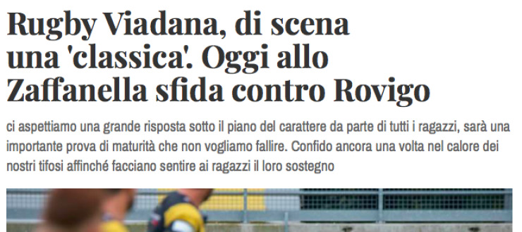 Rugby Viadana, di scena  una 'classica'. Oggi allo  Zaffanella sfida contro Rovigo