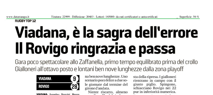 Viadana, è la sagra dell'errore. Il Rovigo ringrazia e passa