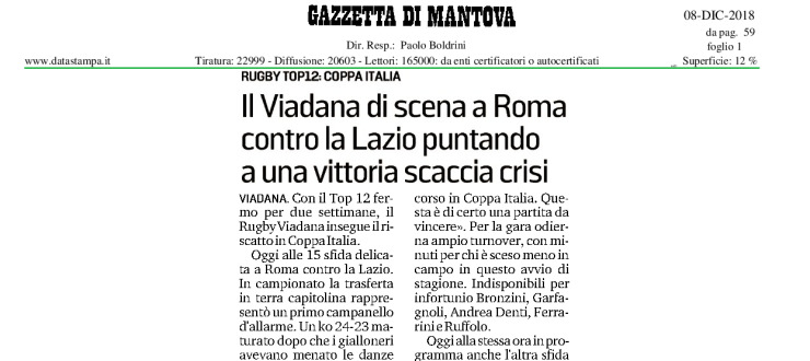 Il Viadana di scena a Roma contro la Lazio puntando a una vittoria scaccia crisi