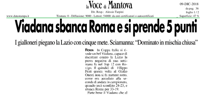 Viadana sbanca Roma e si prende 5 punti