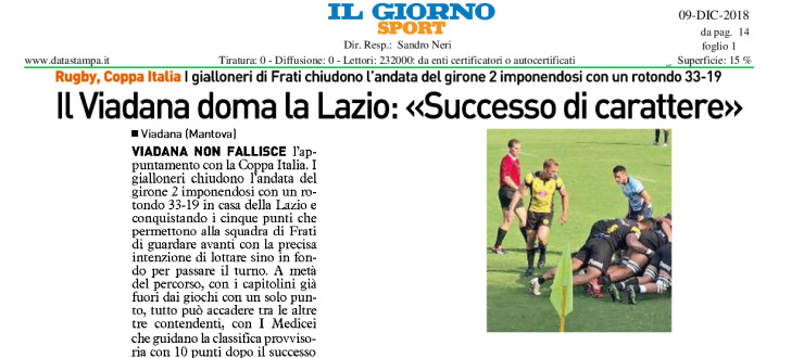 Il Viadana doma la Lazio: "Successo di carattere"