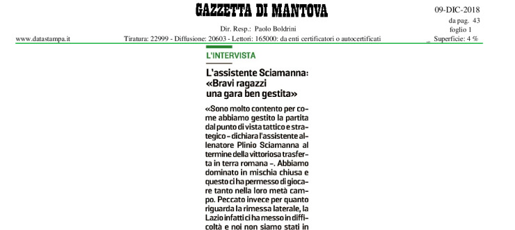 L'assistente Sciamanna:"Bravi ragazzi una gara bene gestita"