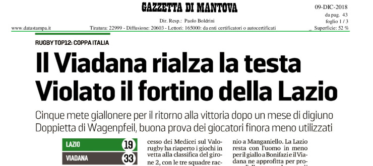 Il Viadana rialza la testa. Violato il fortino della Lazio