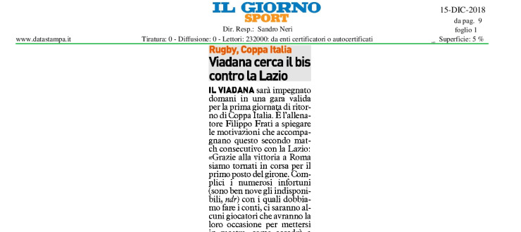 Viadana cerca il bis contro la Lazio