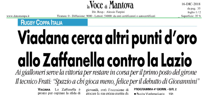 Viadana cerca altri punti d'oro allo Zaffanella contro la Lazio