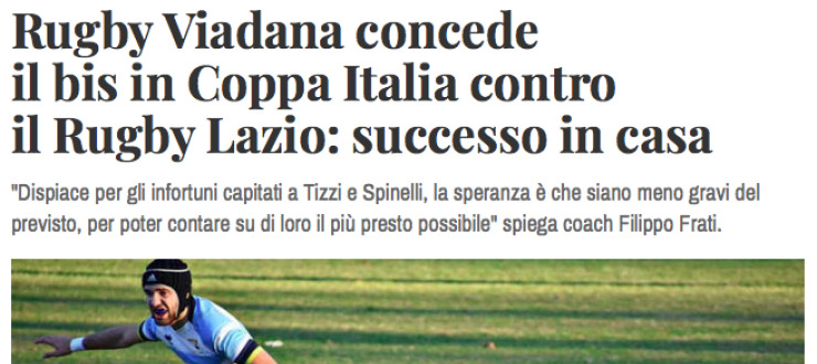 Rugby Viadana concede  il bis in Coppa Italia contro  il Rugby Lazio: successo in casa