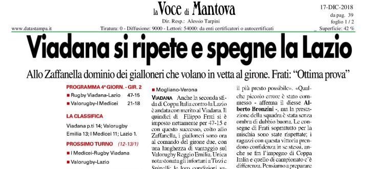 Viadana si ripete e spegne la Lazio