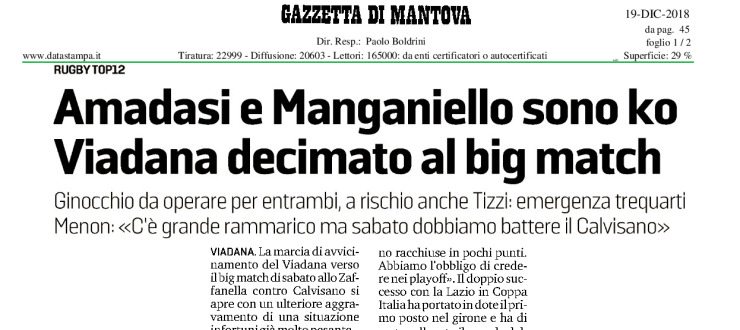 Amadasi e Manganiello sono ko. Viadana decimato al big match