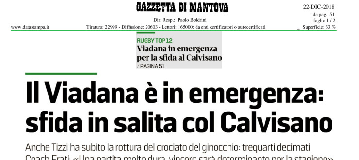 Il Viadana è in emergenza: sfida in salita col Calvisano