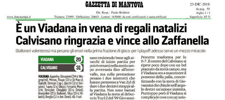 E' un Viadana in vena di regali natalizi Calvisano ringrazia e vince allo Zaffanella