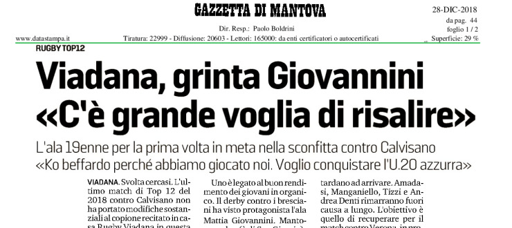 Viadana, grinta Giovannini "C'è grande voglia di risalire"