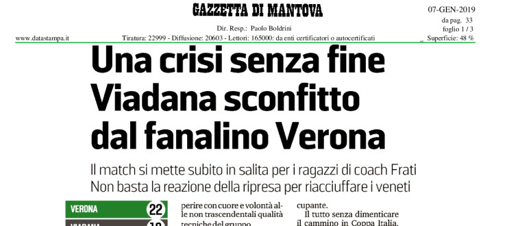 Una crisi senza fine. Viadana sconfitto dal fanalino Verona
