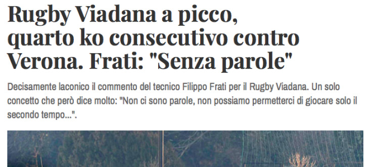Rugby Viadana a picco,  quarto ko consecutivo contro  Verona. Frati: "Senza parole"