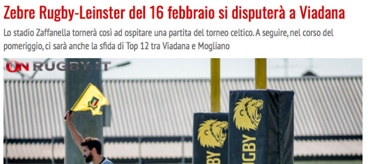 Zebre Rugby-Leinster del 16 febbraio si disputerà a Viadana