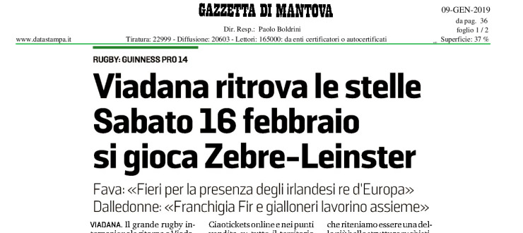 Viadana ritrova le stelle. Sabato 16 febbraio si gioca Zebre-Leinster