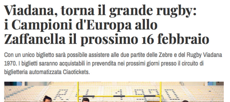 Viadana, torna il grande rugby:  i Campioni d'Europa allo  Zaffanella il prossimo 16 febbraio