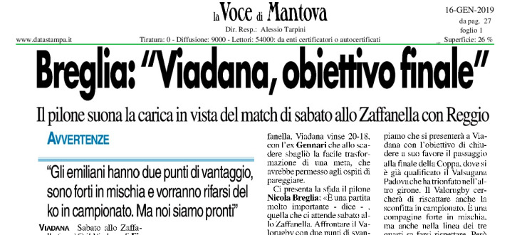 Breglia:"Viadana, obiettivo finale"