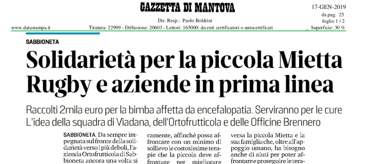 Solidarietà per la piccola Mietta. Rugby e aziende in prima linea