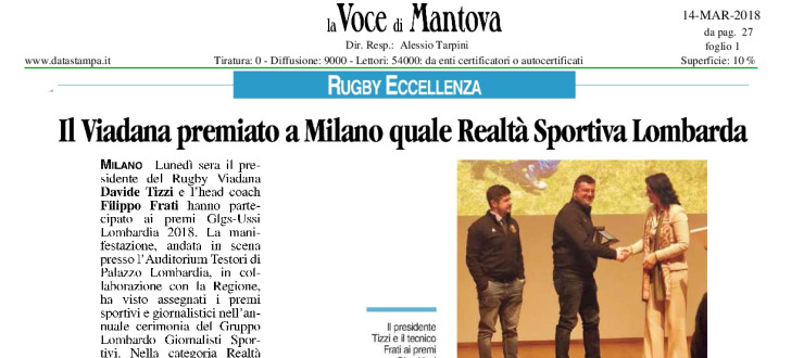 Il Viadana premiato a Milano quale Realtà Sportiva Lombarda