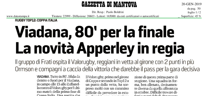 Viadana, 80' per la finale. La novità Apperley in regia