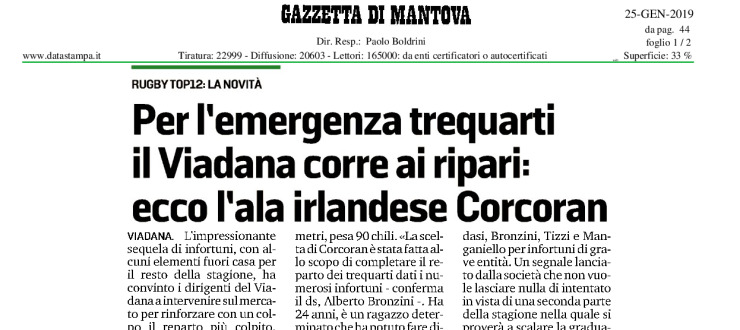 Per l'emergenza trequarti il Viadana corre ai ripari: ecco l'ala l'irlandese Corcoran