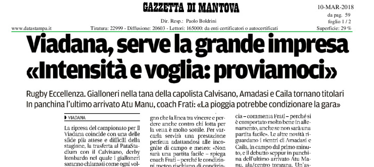 Viadana, serve la grande impresa. "Intensità e voglia: proviamoci"