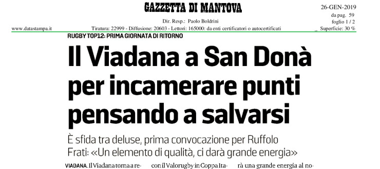 Il Viadana a San Donà per incamerare punti pensando a salvarsi