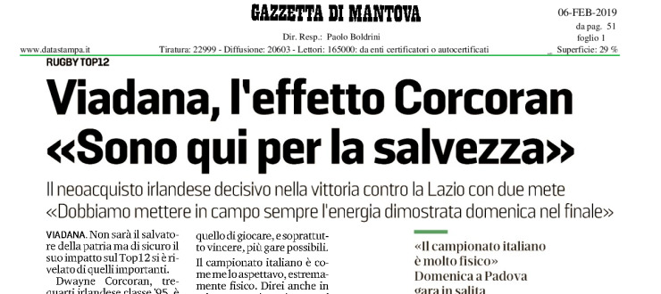 Viadana, l'effetto Corcoran: "Sono qui per la salvezza"