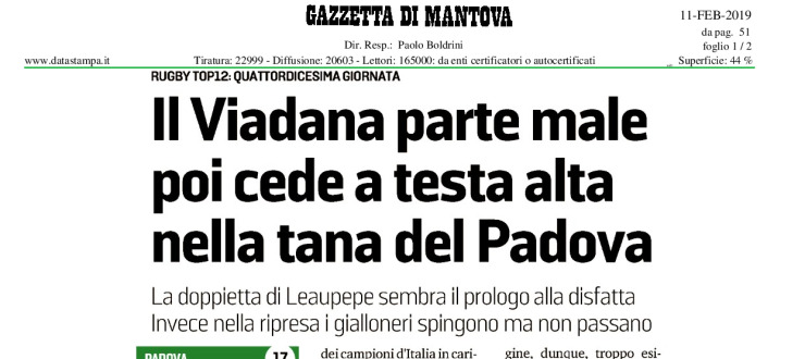 Il Viadana parte male poi cede a testa alta nella tana del Padova