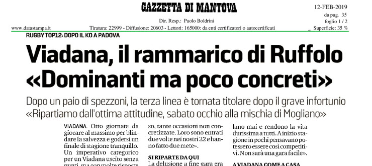 Viadana, il rammarico di Ruffolo "Dominanti ma poco concreti"