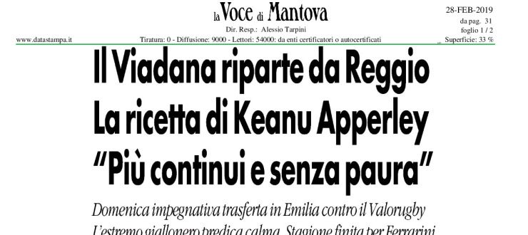 Il Viadana riparte da Reggio. La ricetta di Keanu Apperley "Più continui e senza paura"