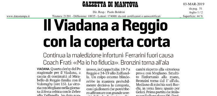 Il Viadana a Reggio con la coperta corta