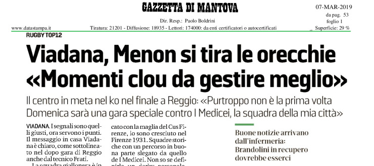 Viadana, Menon si tira le orecchie "Momenti clou da gestire meglio"