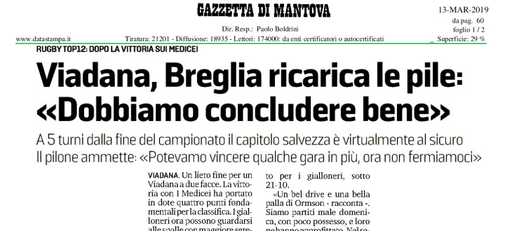 Viadana, Breglia ricarica le pile: "Dobbiamo concludere bene"