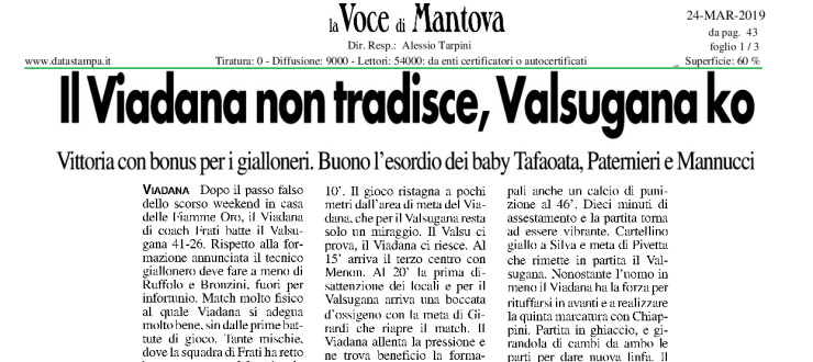 Il Viadana non tradisce, Valsugana ko