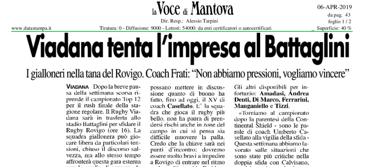 Viadana tenta l'impresa al Battaglini