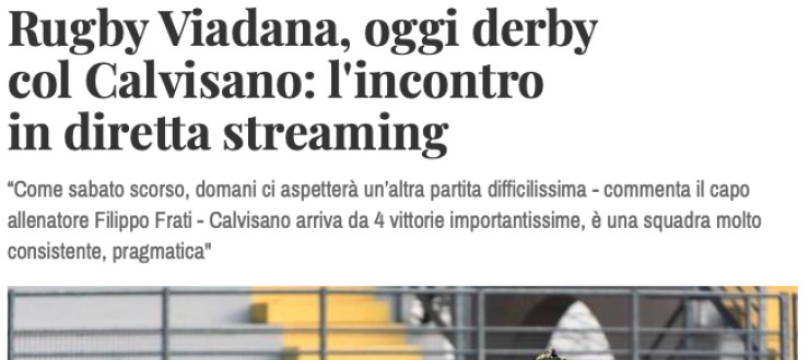 Rugby Viadana, oggi derby  col Calvisano: l'incontro in diretta streaming
