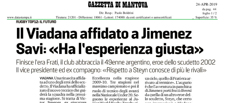 Il Viadana affidato a Jimenez. Savi:«Ha l'esperienza giusta»