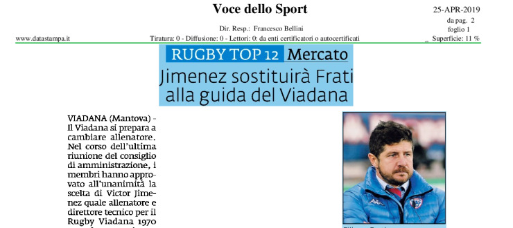 Jimenez sostituirà Frati alla guida del Viadana