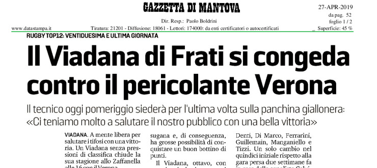 Il Viadana di Frati si congeda contro il pericolante Verona