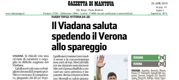 Il Viadana saluta spedendo il Verona allo spareggio