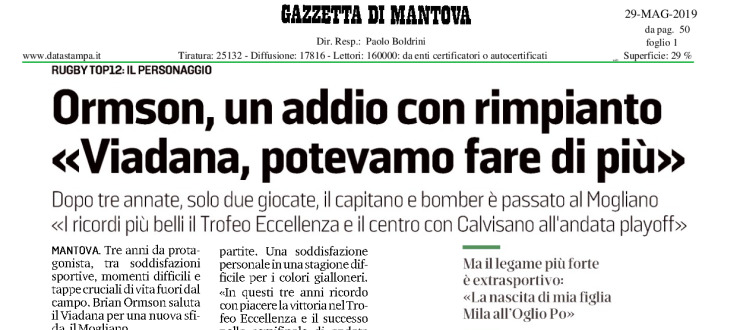 Ormson, un addio con rimpianto «Viadana, potevamo fare di più»