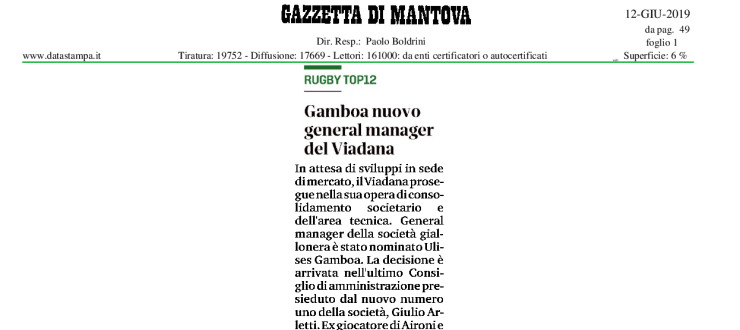 Gamboa nuovo general manager del Viadana
