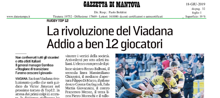 La rivoluzione del Viadana. Addio a ben 12 giocatori.