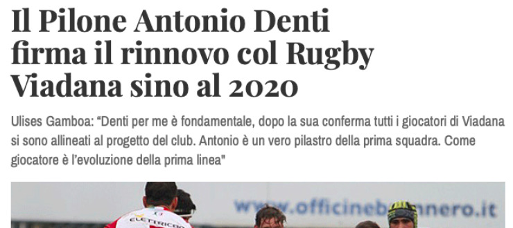 Il Pilone Antonio Denti firma il rinnovo col Rugby Viadana sino al 2020