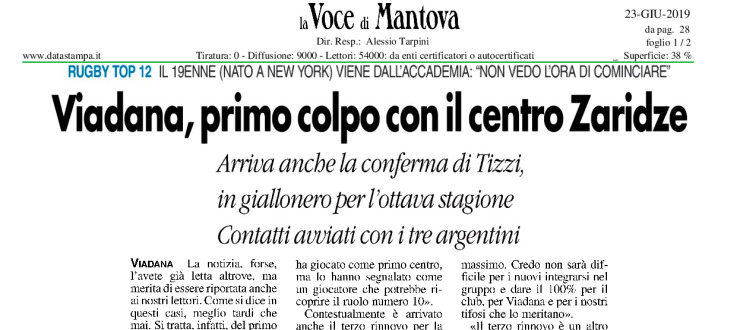 Viadana, primo colpo con il centro Zaridze