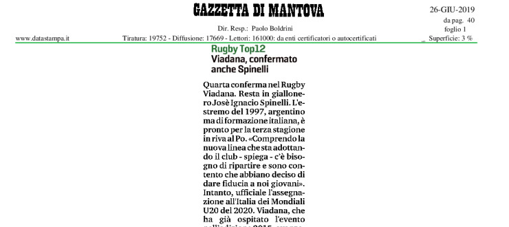 Viadana, confermato anche Spinelli